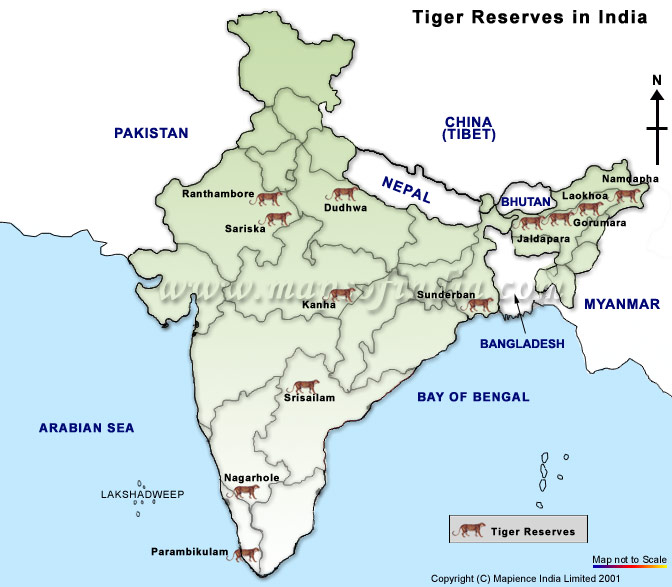 Tourist Map of Tiger Reserves in India